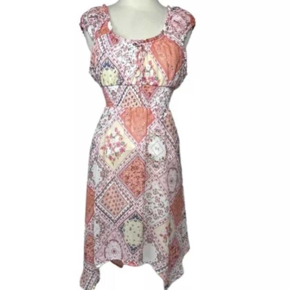 Women S Bohemian Floral Patchwork Handkerchief Hem Dress Sleeveless Casual Comfy